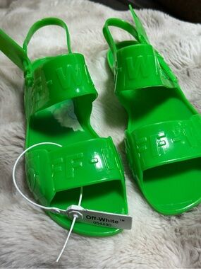Off-White Neon Green Logo Jelly Slingback Sandals